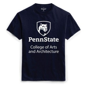 short sleeve navy t-shirt with Penn State College of Arts and Architecture below Lion Shield graphic